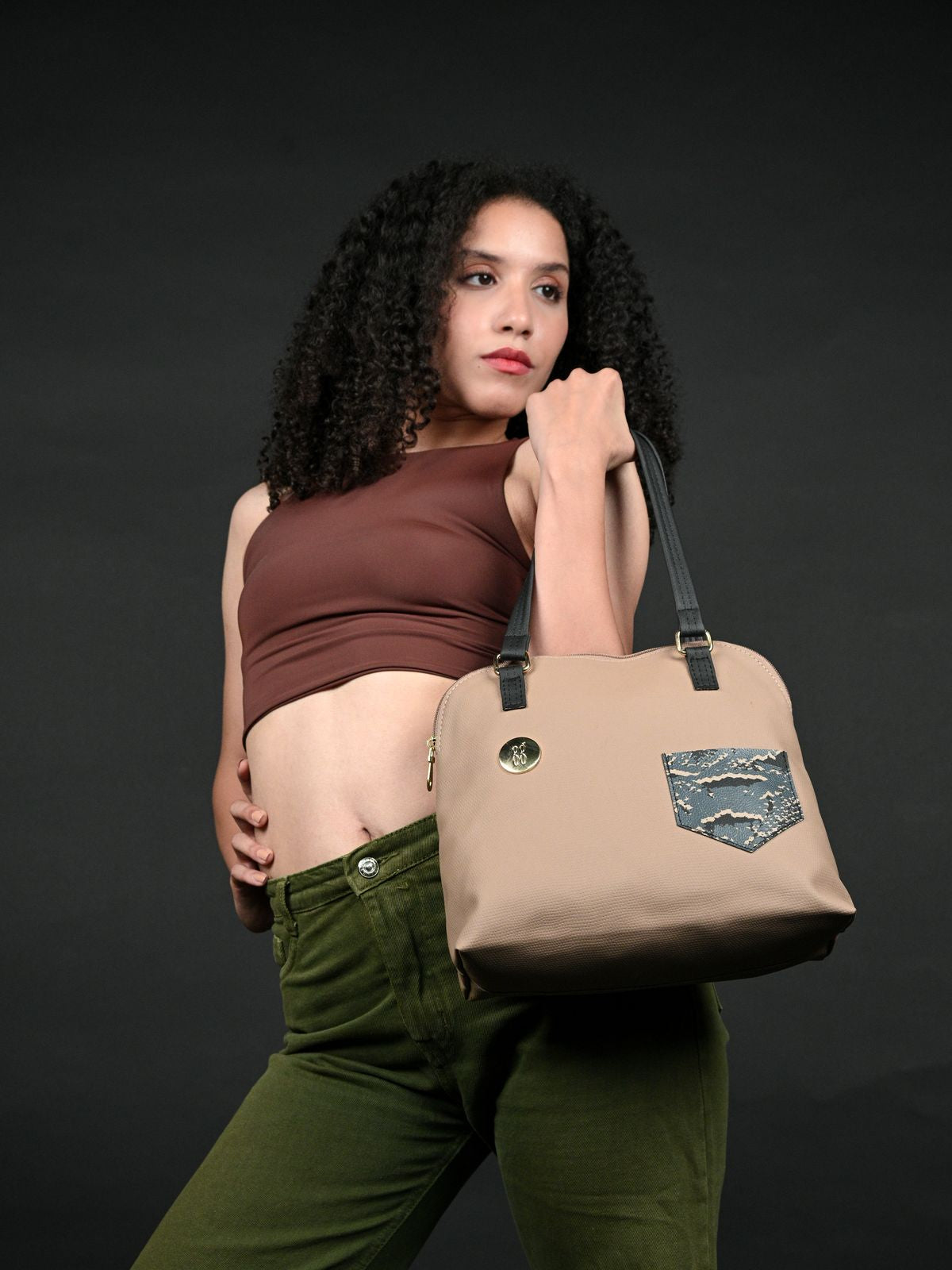 Hinata Beige Medium Bowling Bags-1